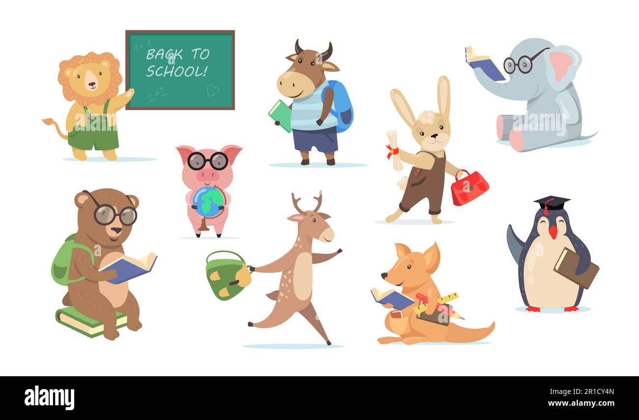 Back to school set with funny cartoon animals Stock Vector