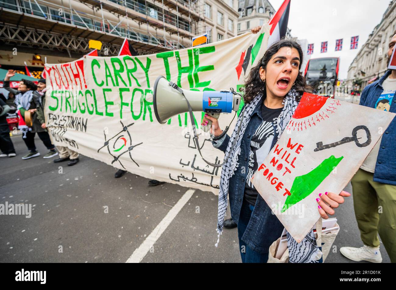 London, UK. 13 May 2023. NAKBA 75, National Protest: Free Palestine and End Apartheid march - Palestinians and supporters march to commemorate the 75th anniversary of the Nakba, the process of, what they consider to be, ‘ethnic cleansing, colonisation and dispossession and military occupation' that saw over 750,000 Palestinians driven into exile. Organised by: Palestine Solidarity Campaign, Stop the War Coalition, Palestinian Forum in Britain, Friends of Al-Aqsa, Muslim Association of Britain and the Campaign for Nuclear Disarmament. Starting at the BBC, Portland Place. Credit: Guy Bell/Alamy Stock Photo