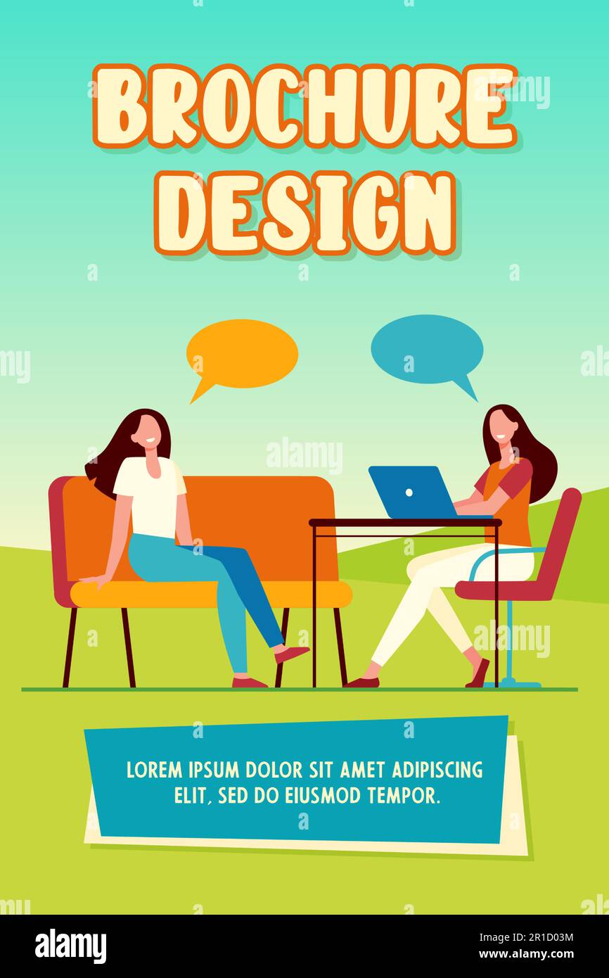 Two friends talking, sitting and using laptop Stock Vector