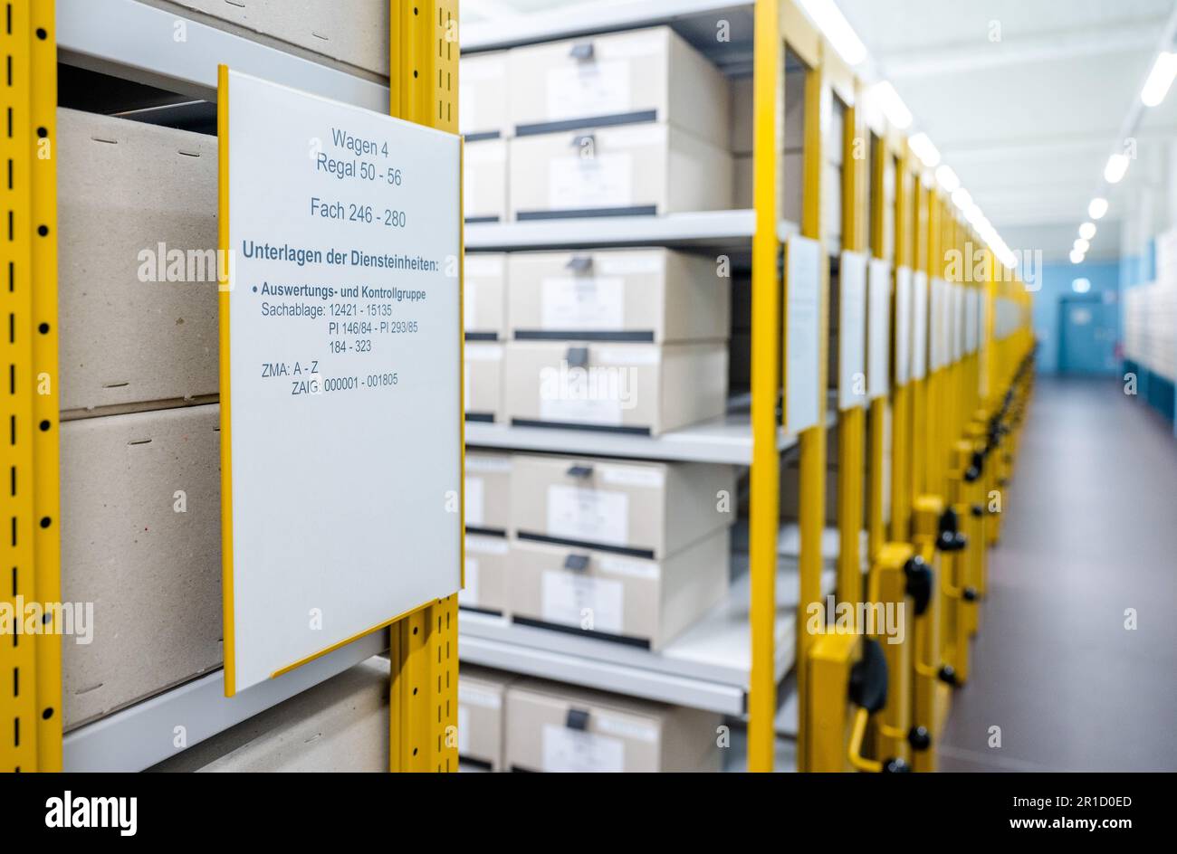Chemnitz, Germany. 13th May, 2023. View of the Federal Archives' Stasi  Records Archive storage facility at the Chemnitz site. The archive has  already moved into a former industrial building at the end