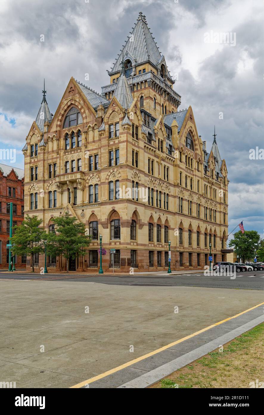 Bank of America now occupies the sandstone landmark Syracuse Savings Bank Building at Clinton Square, former path of Erie Canal. Stock Photo