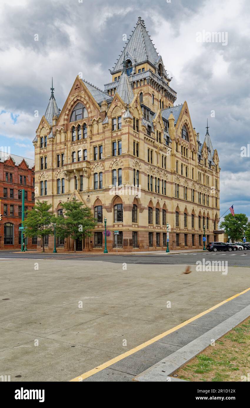 Bank of America now occupies the sandstone landmark Syracuse Savings Bank Building at Clinton Square, former path of Erie Canal. Stock Photo