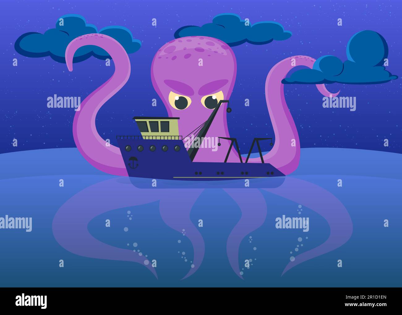 Cartoon tiny fishing boat and giant octopus in night sea Stock Vector