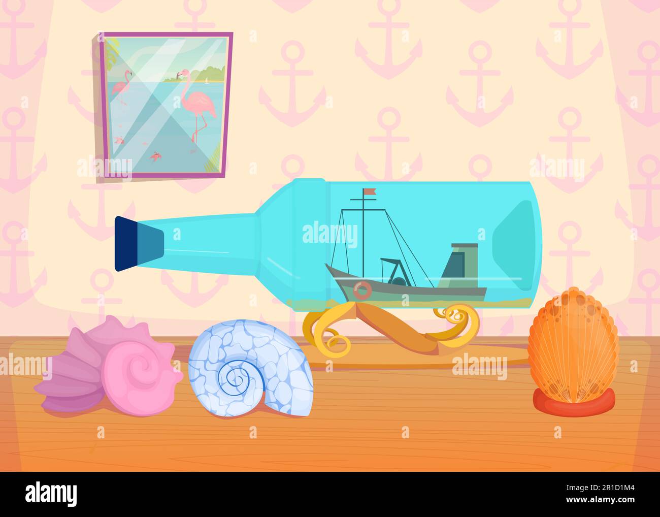Cartoon fishing boat in bottle and seashells Stock Vector