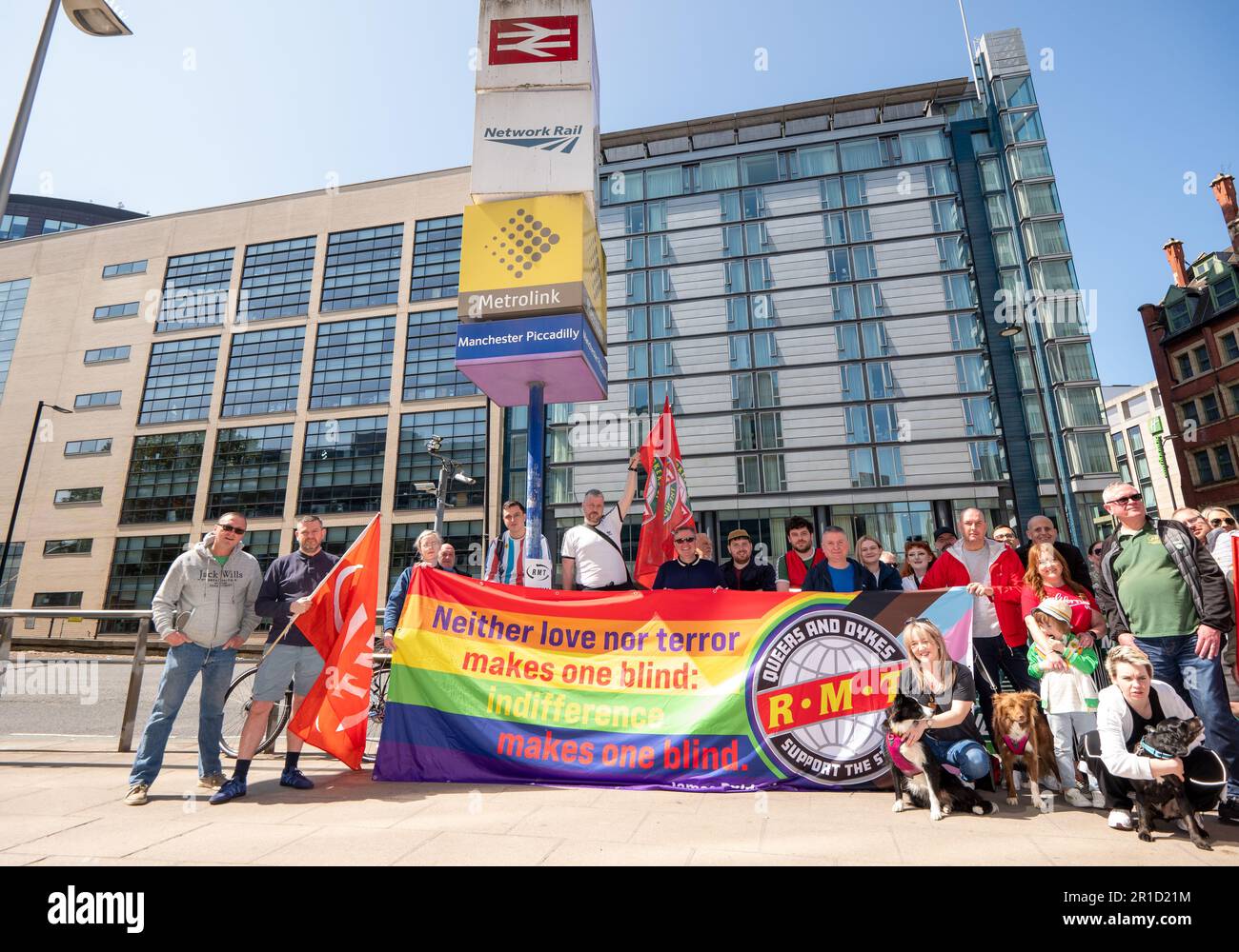 Manchester, UK. 13th May 2023. RMT (National Union of Rail, Maritime and Transport Workers) official picket line at Manchester Piccadilly train station 13th of May 2023. Strikes are effecting travel to tonights Eurovision final. Next week further action may disrupt Manchester football fans travelling to London for the FA cup final. Picture: garyroberts/worldwidefeatures.com Credit: GaryRobertsphotography/Alamy Live News Stock Photo