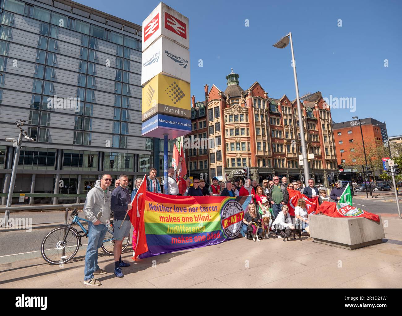 Manchester, UK. 13th May 2023. RMT (National Union of Rail, Maritime and Transport Workers) official picket line at Manchester Piccadilly train station 13th of May 2023. Strikes are effecting travel to tonights Eurovision final. Next week further action may disrupt Manchester football fans travelling to London for the FA cup final. Picture: garyroberts/worldwidefeatures.com Credit: GaryRobertsphotography/Alamy Live News Stock Photo