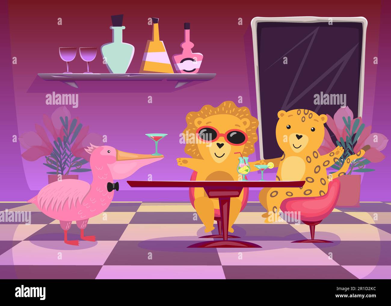 Happy exotic animals drinking cocktails at party illustration Stock
