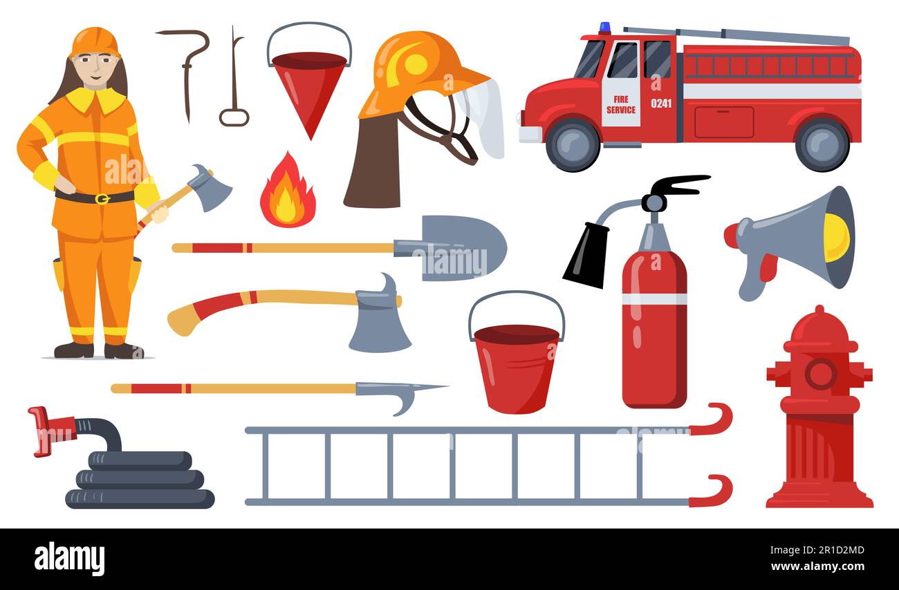 Firefighter and firefighting equipment flat pictures collection Stock