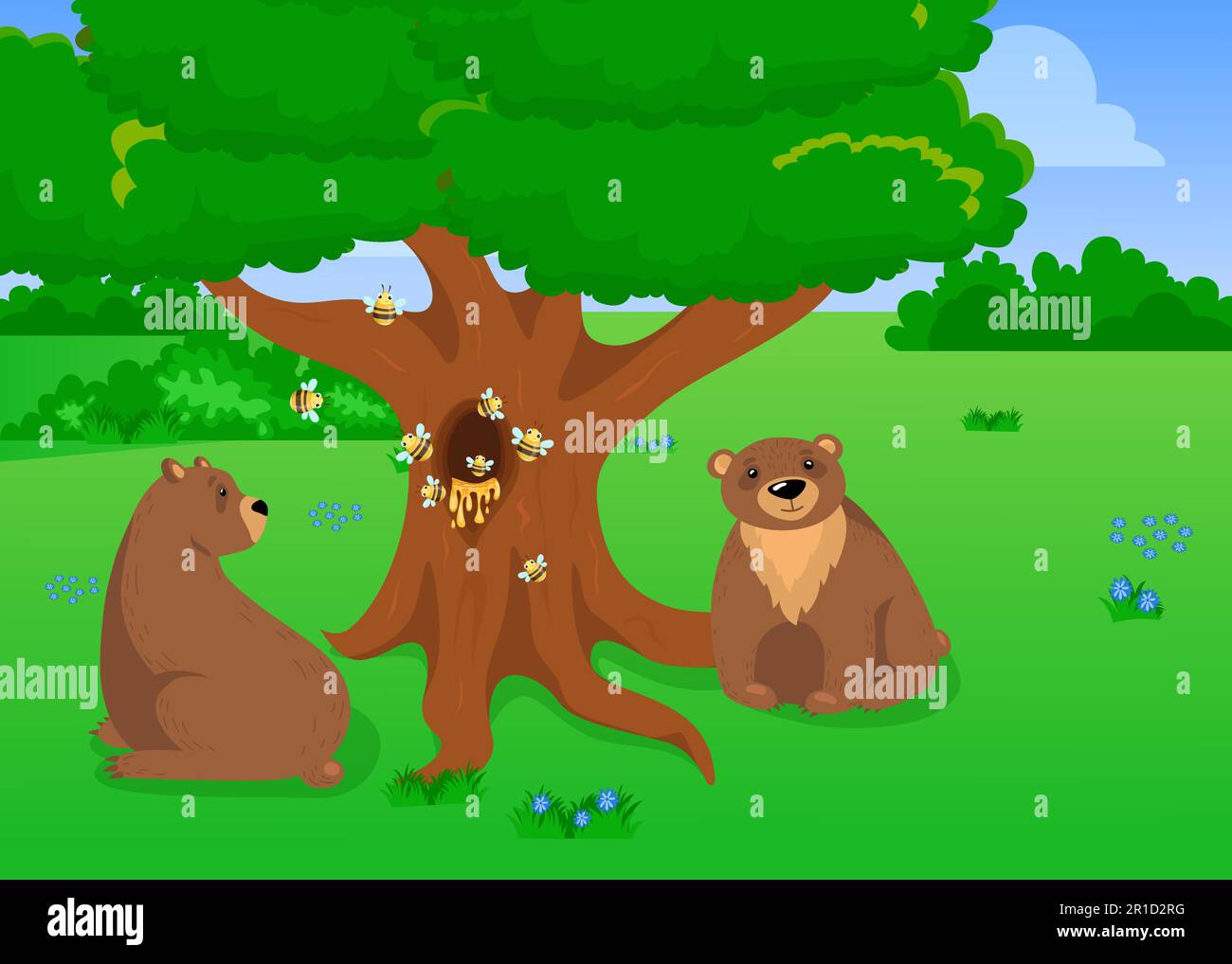 Two grizzly bears sitting near tree with beehive Stock Vector Image