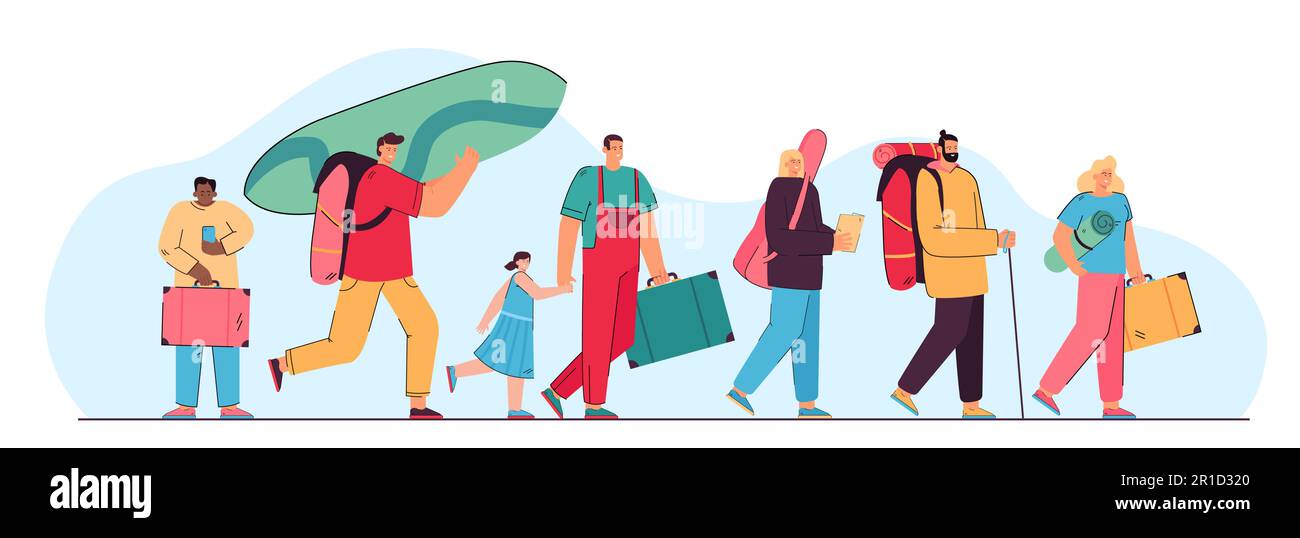 Happy group of tourists walking with suitcases Stock Vector