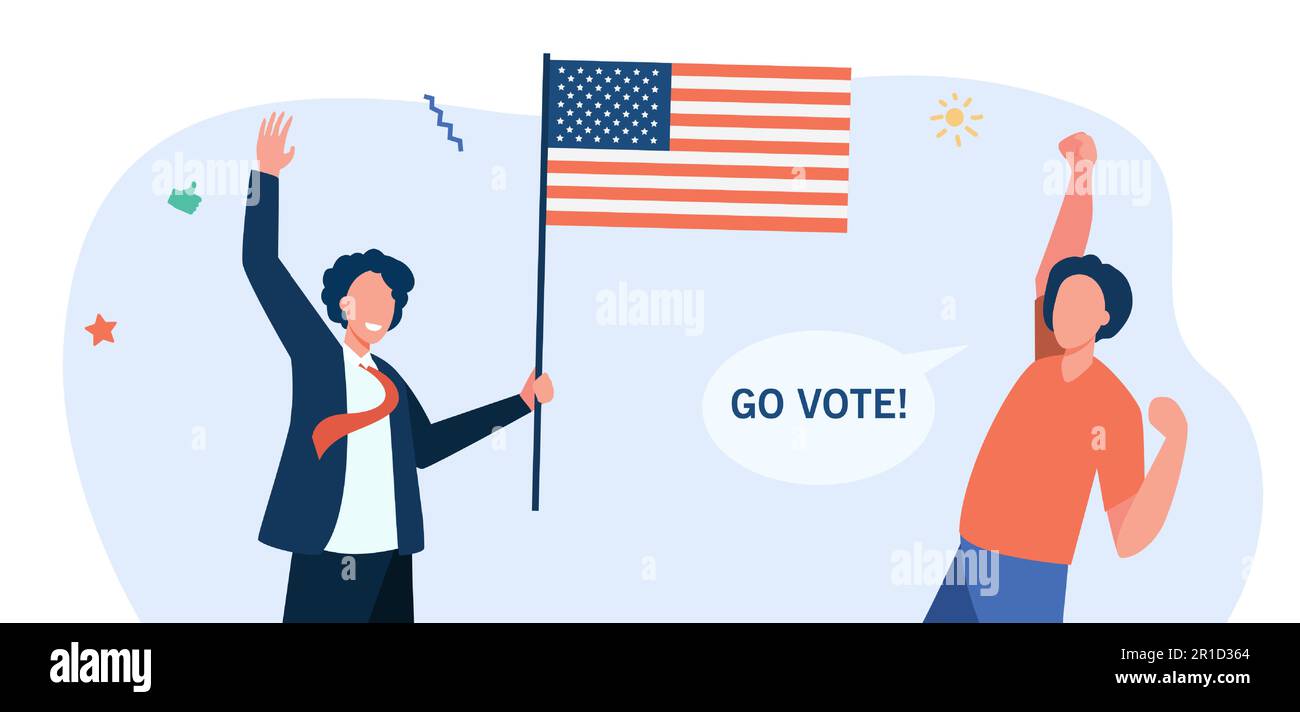 Happy American citizens with flag voting Stock Vector