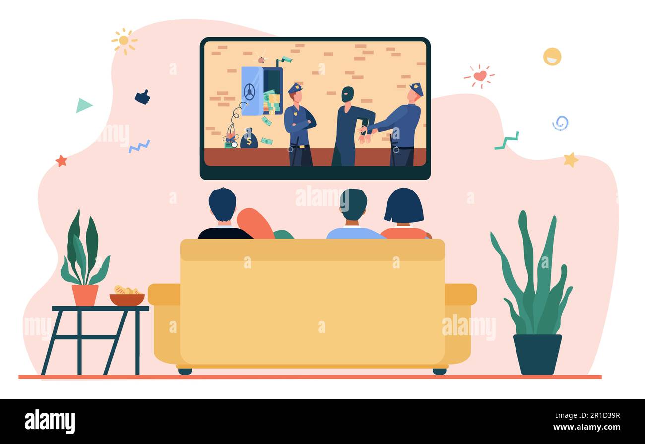 Happy couples watching criminal drama in living room Stock Vector