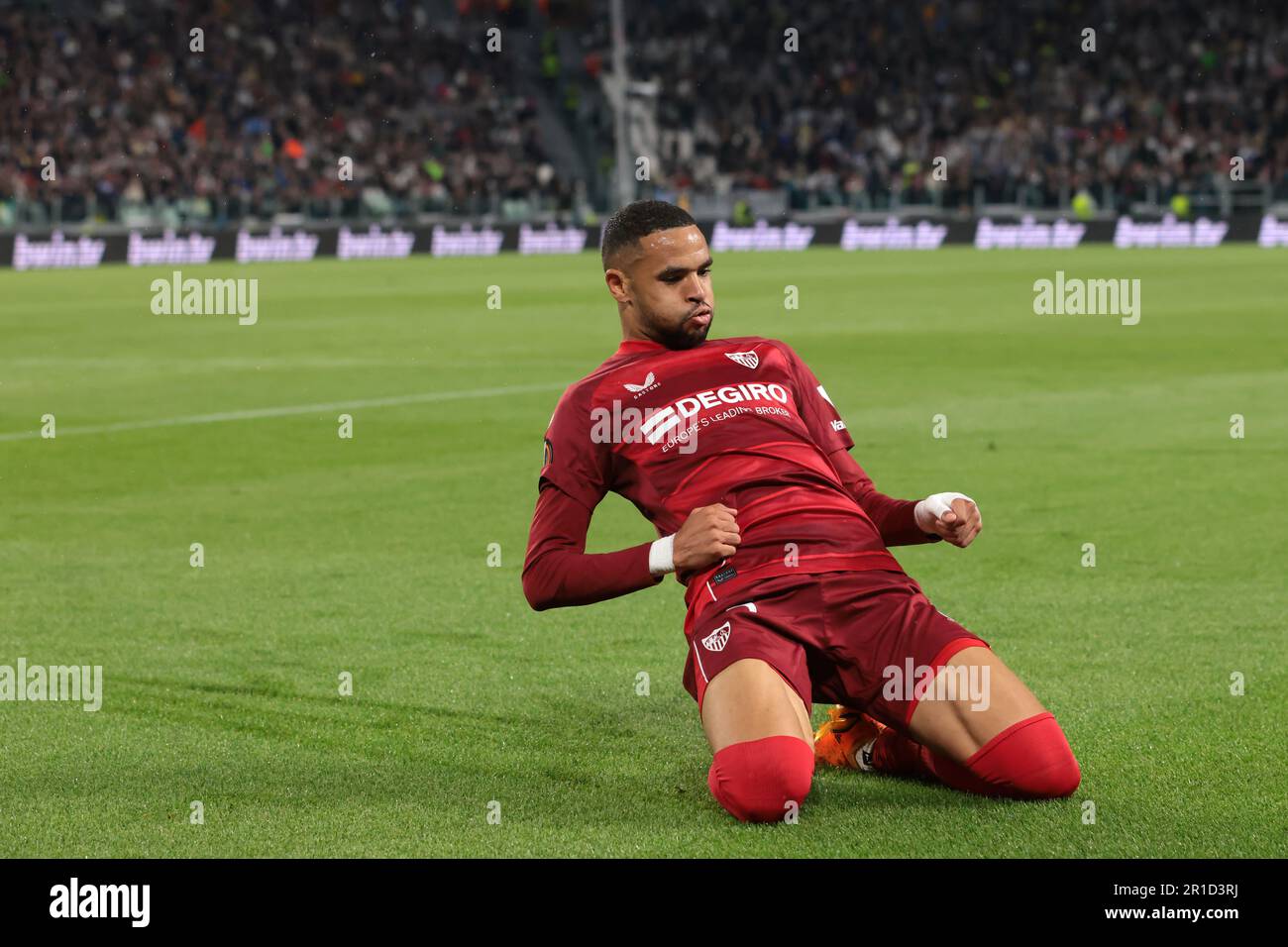 Turin, Italy, 11th May 2023. Youssef En-Nesyri of Sevilla celebrates after scoring to give the side a 1-0 lead during the UEFA Europa League match at Juventus Stadium, Turin. Picture credit should read: Jonathan Moscrop / Sportimage Stock Photo