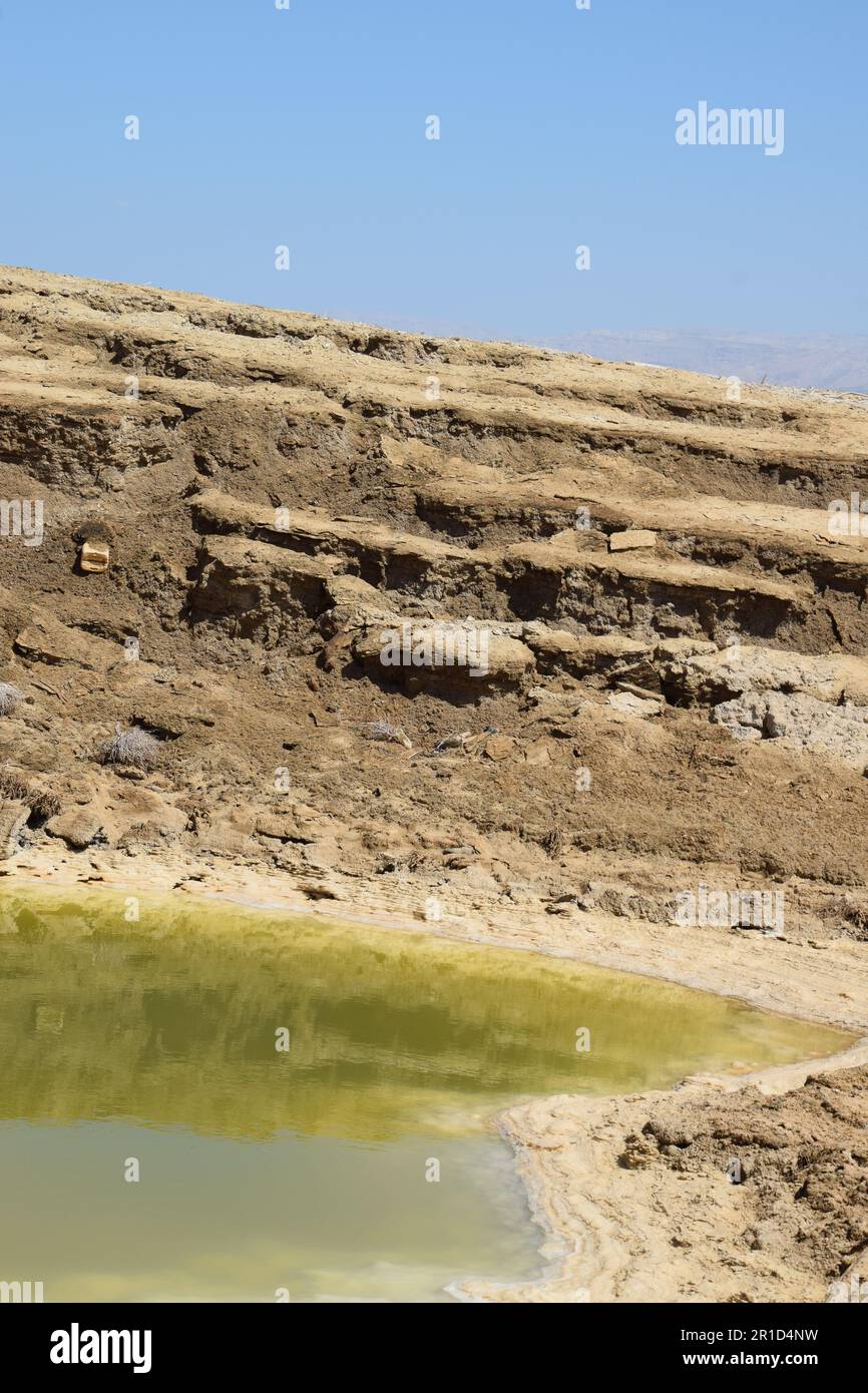 Receding coastline and dangerous sinkholes - Ein Gedi Beach, Dead Sea ...