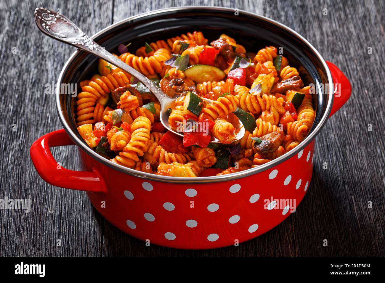 One Pot Veggie Pasta of rotini, zucchini, capsicum, mushrooms smothered