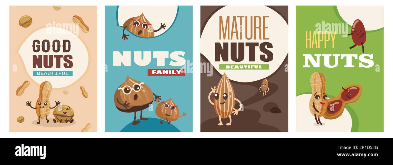 Set of funny nuts characters posters cartoon vector illustration Stock