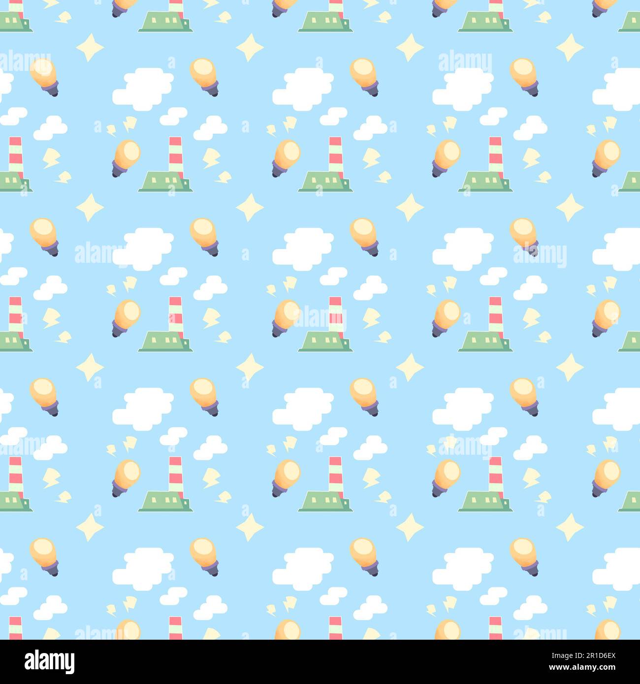 Amidst a vibrant yellow backdrop, a power plant, a radiant light bulb, and wisps of white smoke