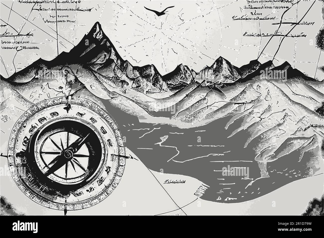 Old map, compass and mountains. Outdoor activity vector background. Stock Vector