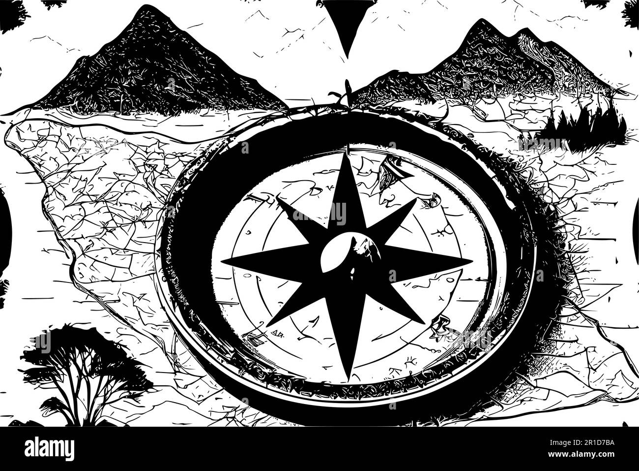 Old map, compass and mountains. Outdoor activity vector background. Stock Vector
