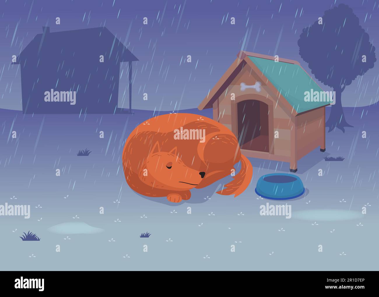 Dog sleeping in front of doghouse under rain vector illustration Stock Vector Image & Art Alamy