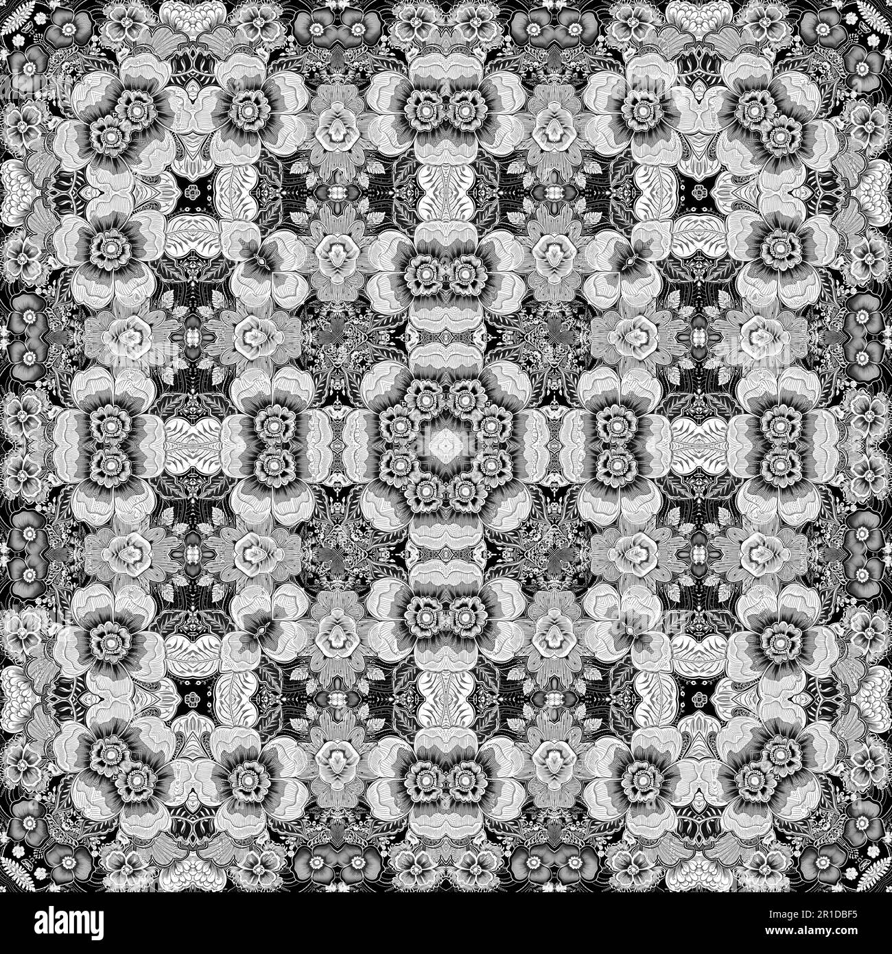Intricate black and white lace folk flower pattern with an elegant ...