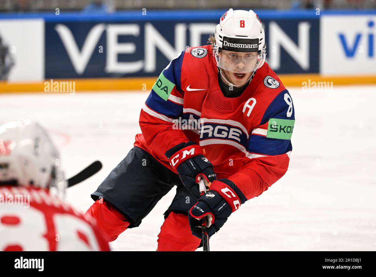 Riga, Latvia. 13th May, 2023. RIGA, LATVIA - MAY 13: Mathias Trettenes of  Norway in action during the 2023 IIHF Ice Hockey World Championship Finland  - Latvia game between Norway Kazakhstan at