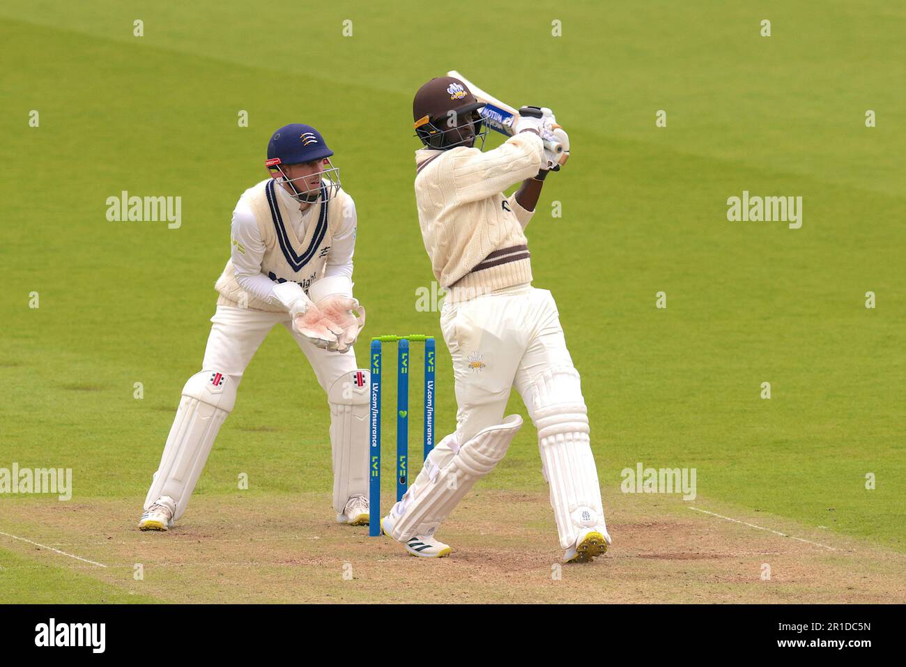 London, UK. 13 May, 2023. London, UK. Surrey’s Kemar Roach batting as Surrey take on Middlesex in the County Championship at the Kia Oval, day three David Rowe/Alamy Live News Credit: David Rowe/Alamy Live News Stock Photo