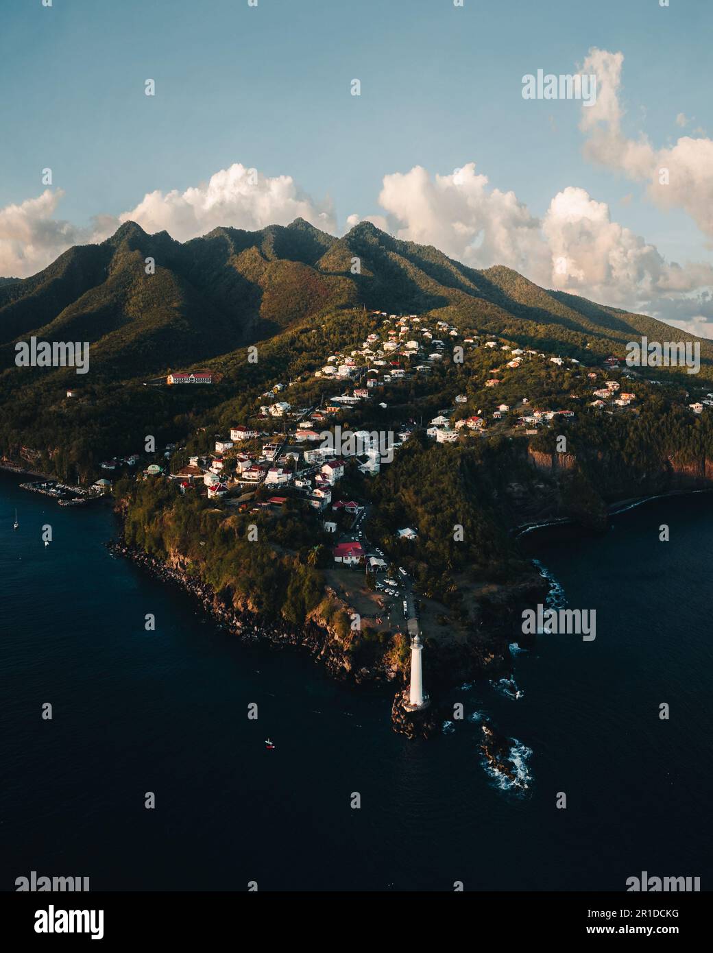 Aerial drone panorama of Lighthouse at Vieux-Fort, the southernmost point of Guadeloupe, Caribbean Sea Stock Photo