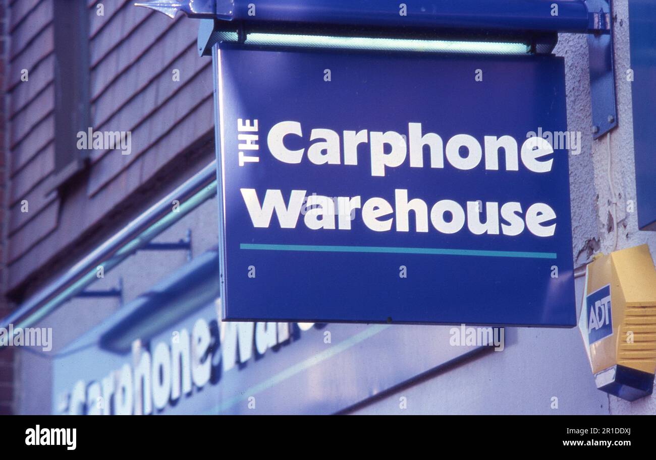 Signage outside a branch of the Carphone Warehouse chain at Ashford in Kent, England on July 1, 2005. The communications business was founded in 1989. Stock Photo