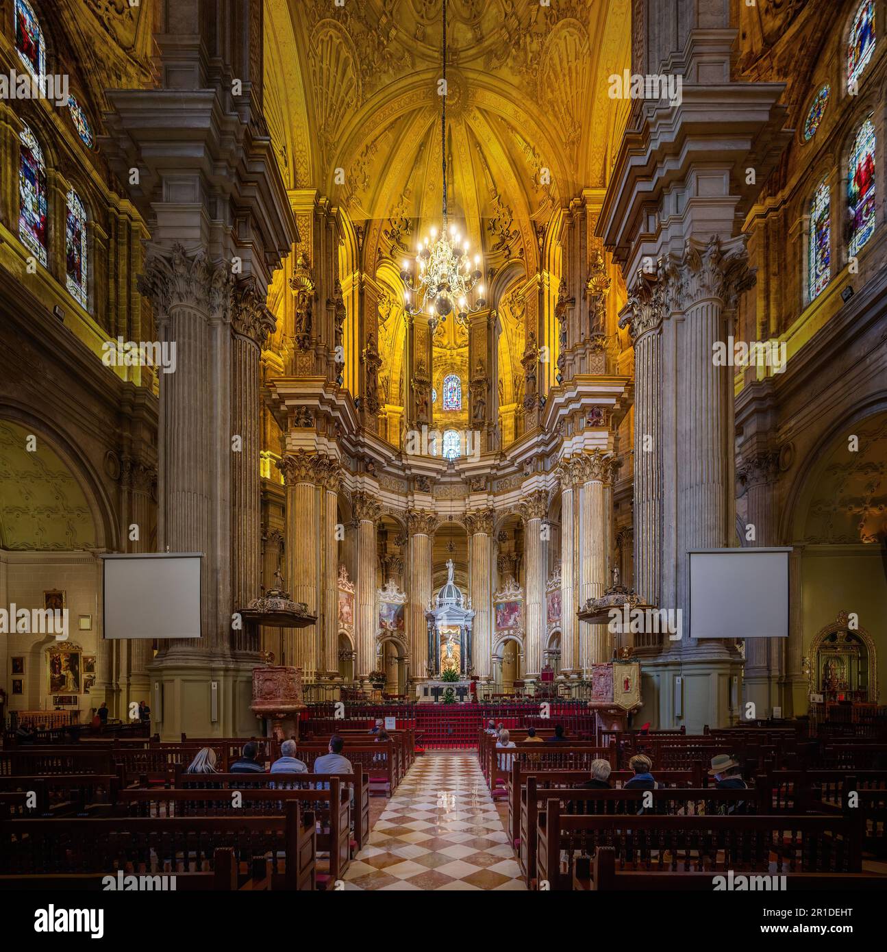 Malaga Cathedral Interior with Nave and Main Chapel - Malaga, Andalusia, Spain Stock Photo