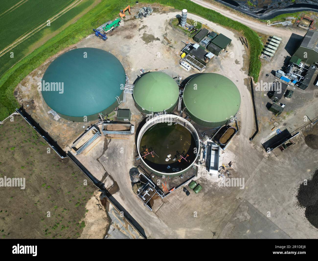 Aerial view of anaerobic digester tanks on a farm in Herefordshire England UK in May 2023 Stock Photo