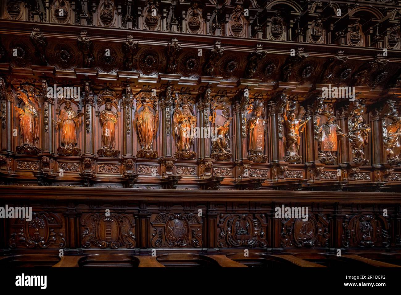 Wooden Choir stalls of Malaga Cathedral - Malaga, Andalusia, Spain Stock Photo