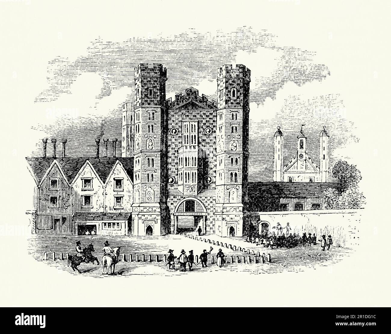 An old engraving of the Holbein Gate, Whitehall, Westminster, England, UK c. 1550. This massive gateway was constructed in 1531–2 in the English Gothic style. The Holbein Gate (also known as the King's Gate or the Cockpit Gate) and Westminster Gate were constructed by Henry VIII to connect parts of the Tudor Palace of Whitehall. The gateway was one of two substantial parts of the Palace to survive a catastrophic fire in January 1698. It was demolished in 1759. Stock Photo