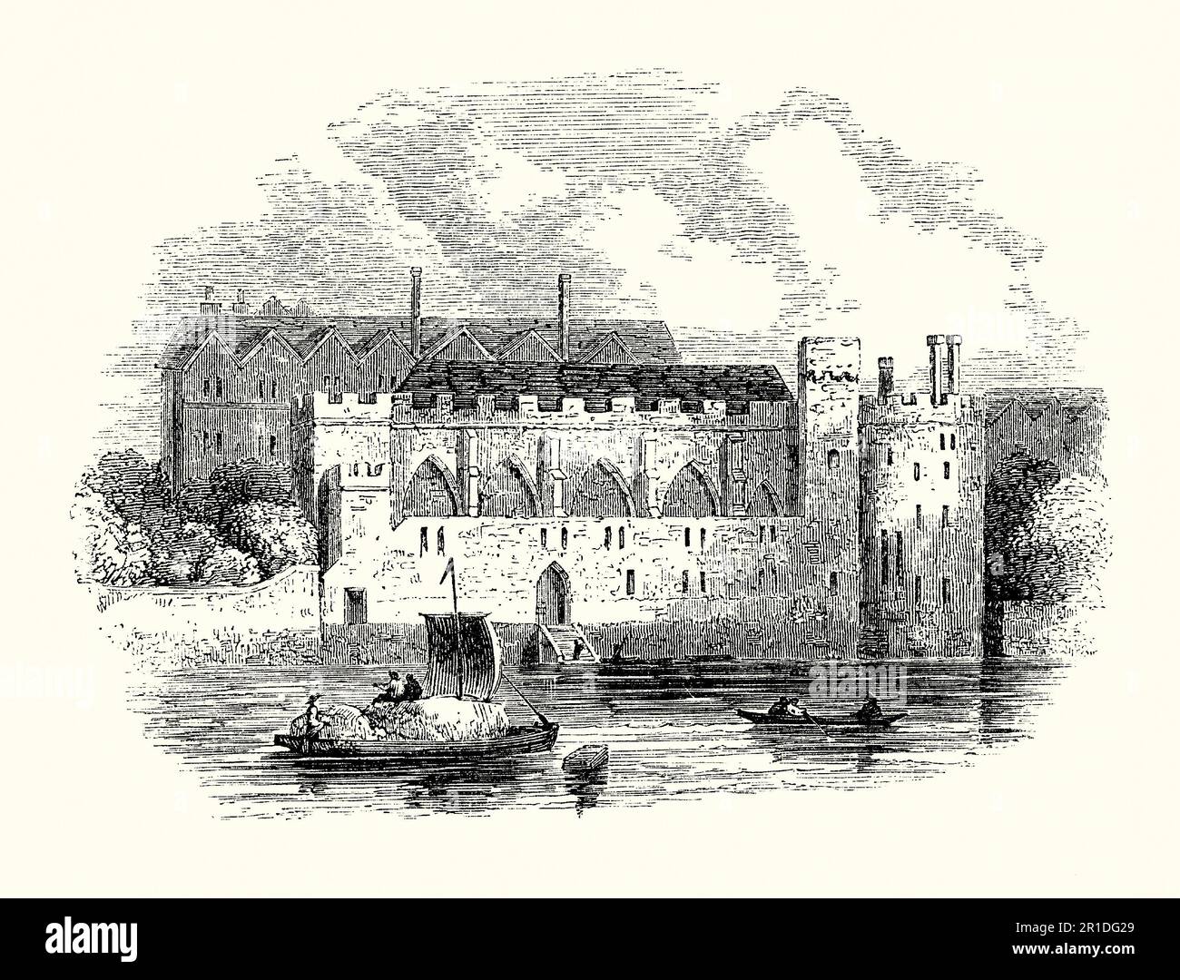 An old engraving from the River Thames showing Durham House (or Durham Inn), Strand, London, England, UK in the 1500s. It was the London town house of the Bishop of Durham and its gardens descended to the River Thames. Anne Boleyn lived in Durham House in 1532 while Henry VIII courted her prior to their marriage in 1533. Henry granted Durham House to his daughter Lady Elizabeth (later queen). Upon her accession, Elizabeth kept possession of the residence until 1583, when she granted it to Sir Walter Raleigh. Stock Photo