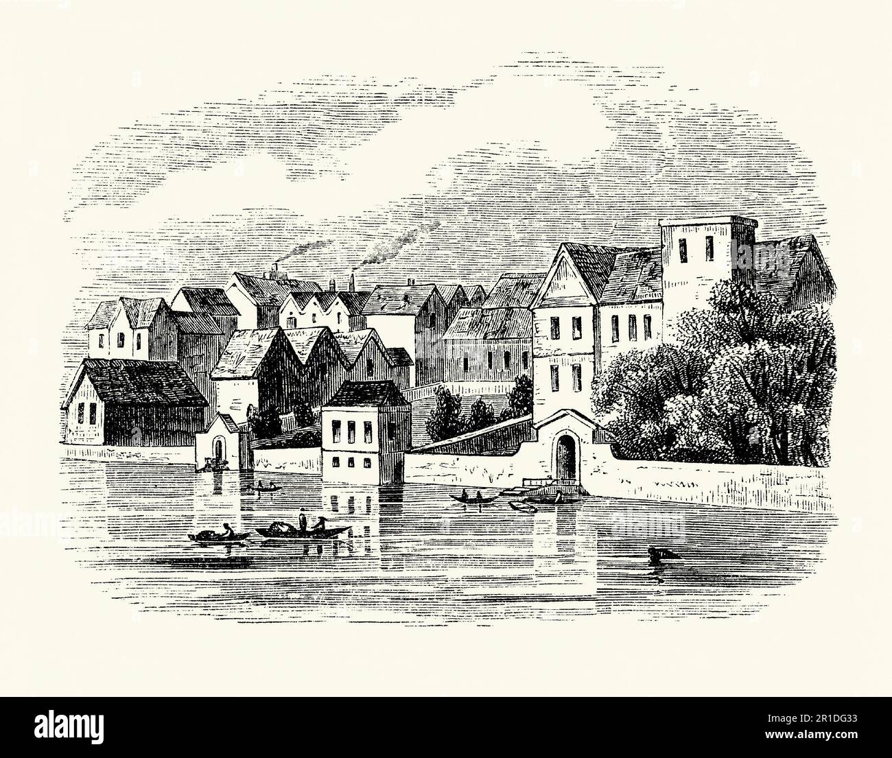 An old engraving from the River Thames showing Essex House, Strand, London, England, UK in the late 1500s. Essex House was a house that fronted the Strand in London. Originally called Leicester House, it was built around 1575 for Robert Dudley, 1st Earl of Leicester, and was renamed Essex House after being inherited by his stepson, Robert Devereux, 2nd Earl of Essex, after Leicester's death in 1588. The main part of the house was demolished in the 1670s. Essex Street was built on part of the site. Stock Photo