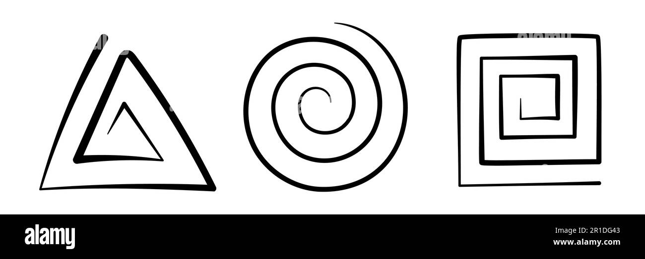 Vector set of black geometric doodle spiral figures, triangle, circle