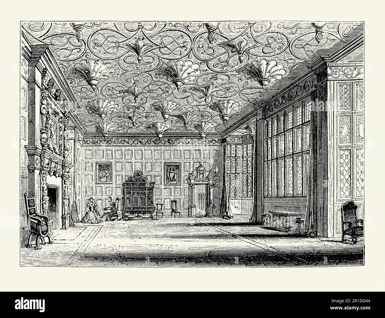 An old engraving of the interior of the drawing room at Bramall Hall (Bramhall Hall), Bramhall, Greater Manchester, Cheshire, England, UK c.1600. The building is Tudor timber-framed – its oldest parts date from the 14th century, with additions from the 16th and 19th centuries. The drawing room has a large fireplace, panelled walls and a ceiling with impressive decorative plasterwork. Large windows let plenty of light into the room. Stock Photo