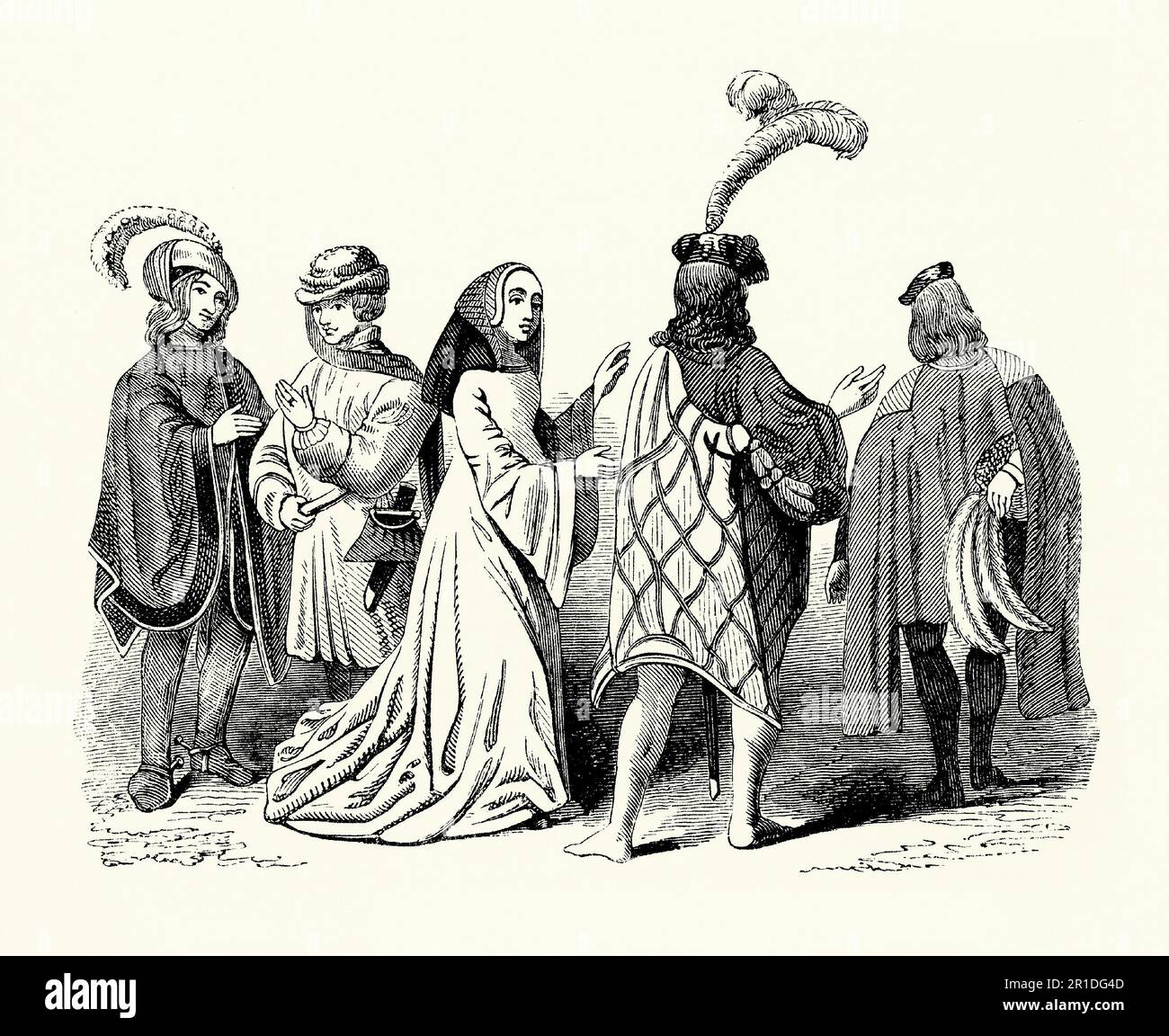 An old engraving of clothing worn in Tudor times in England. The style of dress dates from the late 15th and early 16th centuries during the reign of Henry VII (1485–1509). Notable here are the felt hats worn by the men and ostrich feather plumage that adorned them. Capes or gowns formed the outer clothing layer – the woman’s gown has long, hanging sleeves. Long hair was in vogue at the time. This attire would have been worn by those in society with money, landed gentry, the nobility and others connected to the royal court. Stock Photo