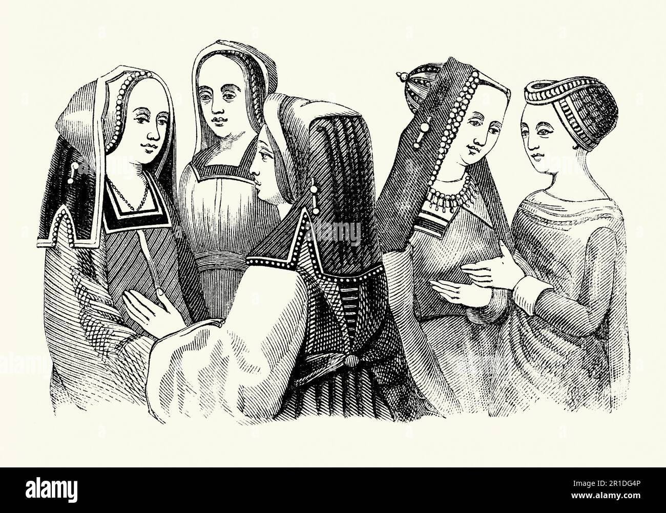 An old engraving of clothing worn by women in Tudor times in England. The style of dress dates from the late 15th and early 16th centuries during the reign of Henry VII (1485–1509). Notable here in women’s attire are what is worn on the head. These embroidered hoods – these sometimes came down below shoulder level – hid most of the hair. The visible hair is braided. The outer dresses were floor length with a square cut bodice and high waist. This attire would have been worn by those in society with money, landed gentry, the nobility and others connected to the royal court. Stock Photo