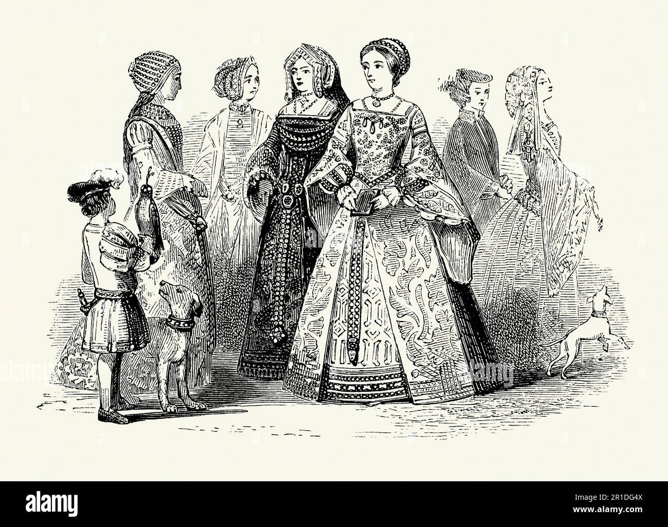 An old engraving of clothing worn by women in Tudor times in England. The style of dress dates from first part of the 16th century during the reign of Edward VI (1509–1547). Women’s clothes often featured long dresses were often embroidered with jewels. Square necklines and loose hanging sleeves were popular. For women hair was often braided. Headgear included embroidered bonnets and turbans. This attire would have been worn by those in society with money, landed gentry, the nobility and others connected to the royal court. Stock Photo