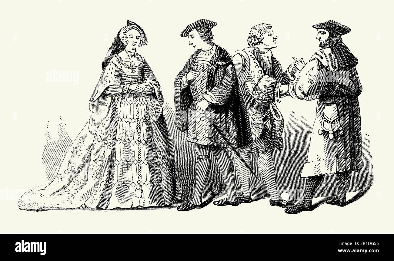 An old engraving of clothing worn in Tudor times in England. The style of dress dates from first part of the 16th century during the reign of Henry VIII (1509–1547). Men’s clothes often featured doublets and pantaloons, over which a short cloak with armholes and a fur or velvet collar was worn. Flat caps were a common feature. For women long hair was fashionable. Long dresses were often embroidered with jewels. This attire would have been worn by those in society with money, landed gentry, the nobility and others connected to the royal court. Stock Photo