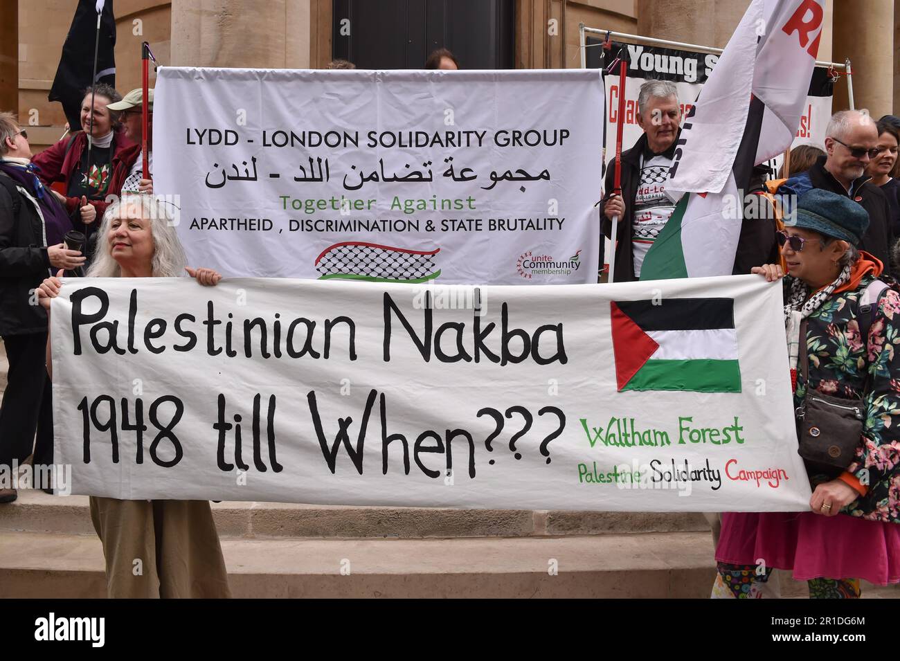May 13, 2023, London, England, United Kingdom: Demonstrators hold a banner during the rally in central London. Palestinians commemorate the 75th anniversary of Nakba Day, also known as the Palestinian Catastrophe, which involved the destruction of Palestinian society in 1948, as well as the continuing displacement of many Palestinian people from their homeland. (Credit Image: © Thomas Krych/ZUMA Press Wire) EDITORIAL USAGE ONLY! Not for Commercial USAGE! Stock Photo
