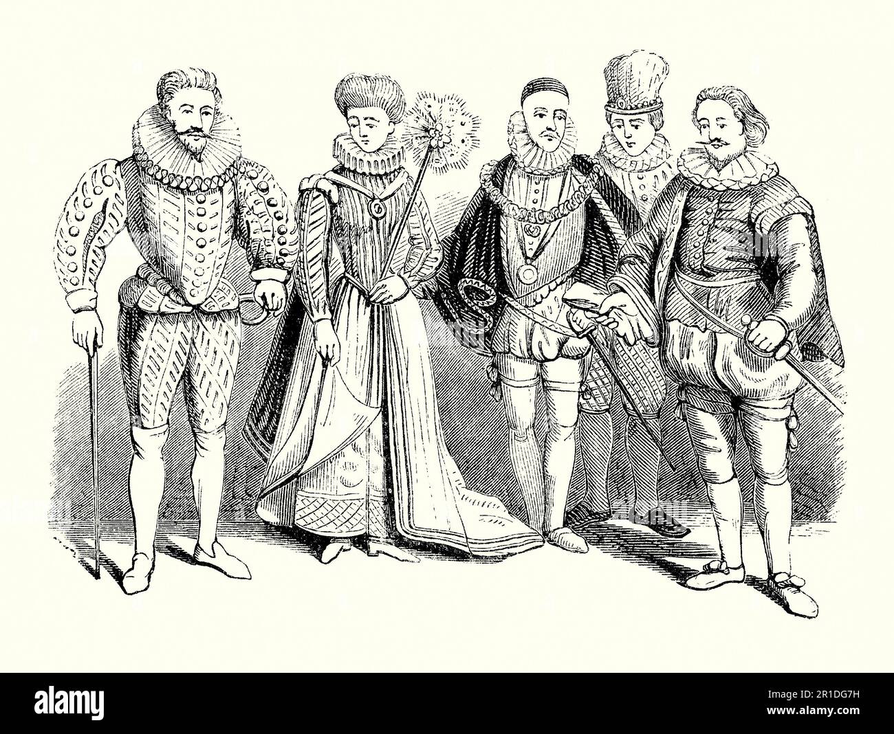 An old engraving of clothing worn in Tudor/Elizabethan times in England. The style of dress dates from latter part of the 16th and early 17th centuries during the reign of Elizabeth I (1558–1603). More variety crept into taste and fashions of the era. Women’s clothes featured long dresses and robes often embroidered with jewels. Neck ruffs were popular. For men doublet and hose were worn, with breeches of various lengths below a tapered/narrow waist or cod-piece. Short cloaks worn over this. These would have been worn by those in society with money, landed gentry and the nobility at court. Stock Photo