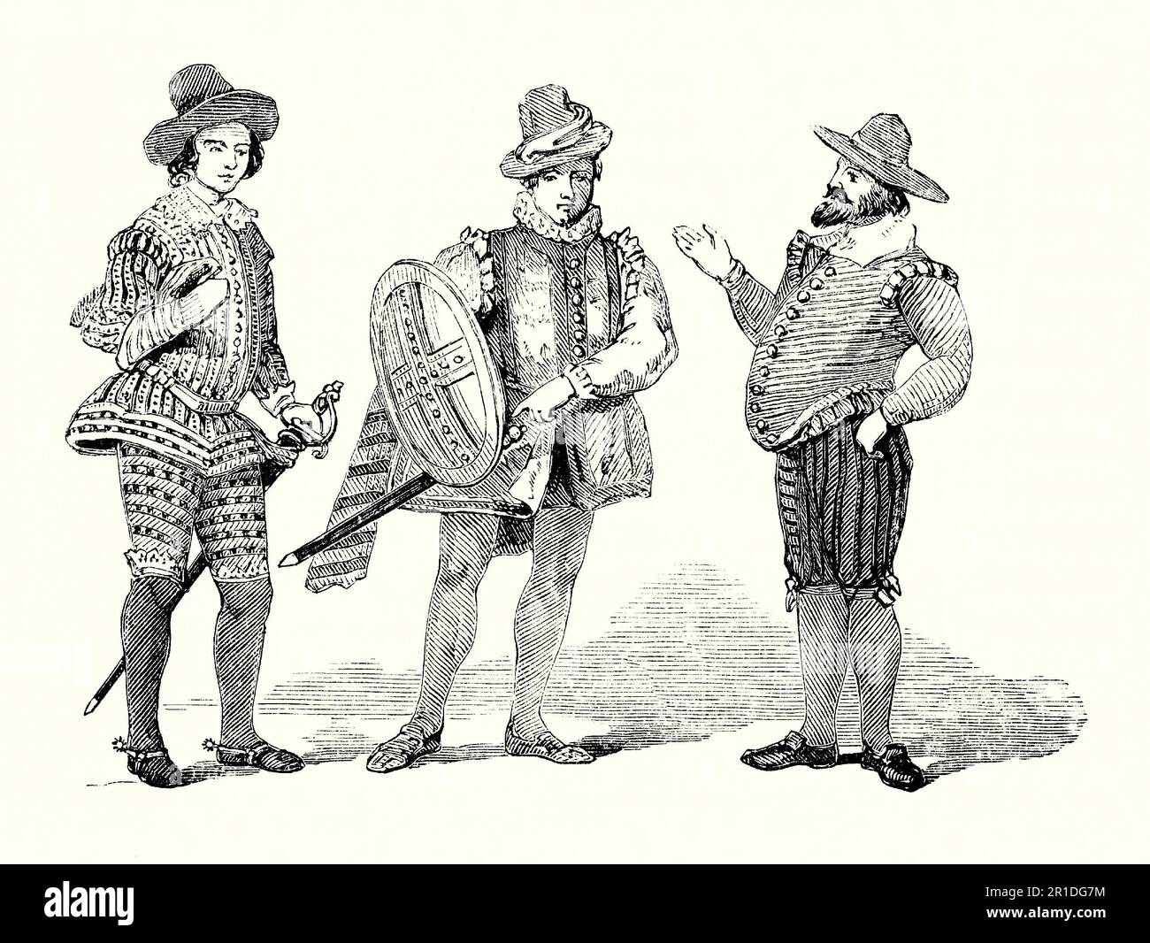 An old engraving of clothing worn by men in Tudor/Elizabethan times in England. The style of dress dates from latter part of the 16th and early 17th centuries during the reign of Elizabeth I (1558–1603). More variety crept into taste and fashions of the era. For men the doublet and hose were in vogue, with breeches of various lengths below a tapered and narrow waist or cod-piece. Short cloaks worn over the top. Ruffs again featured. Hats with brims and a loose, informal style became popular. Hair length varied and beards and moustaches were fashionable. Stock Photo