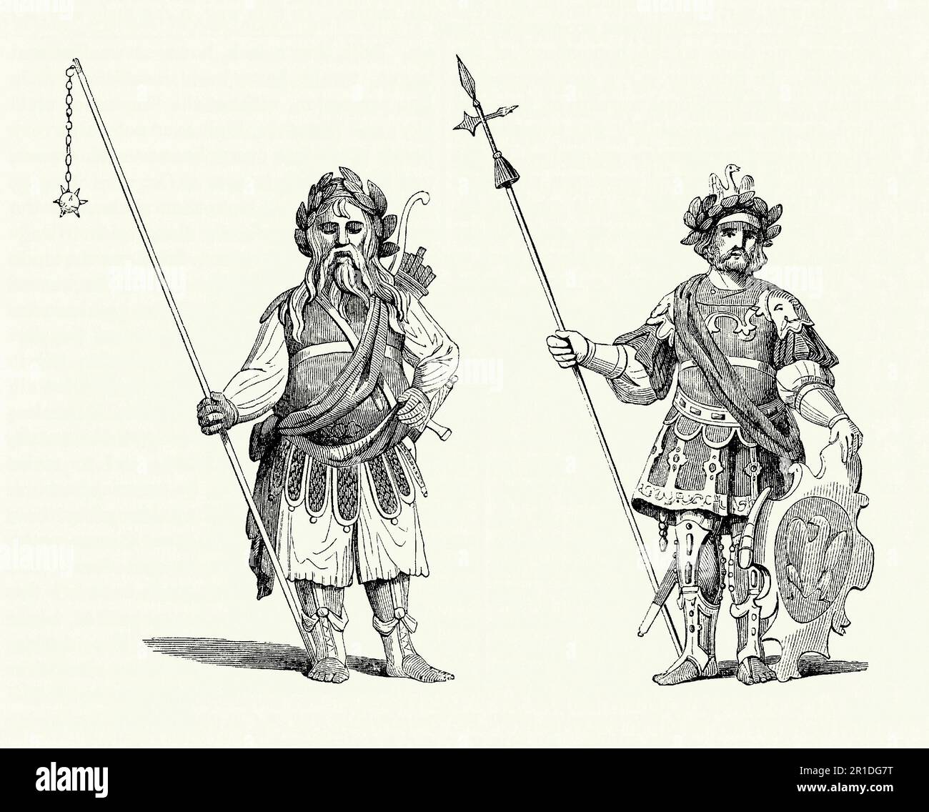 An old engraving of Gog and Magog c. 1600. Mythical giants Gog and Magog, appear in the Hebrew Bible and in the New Testament as the invader of Israel, evil forces opposed to the people of God. Although biblical references to Gog and Magog (also known as Corinaeus and Gogmagog) are few, they assumed an important place in early literature and medieval legend. These engravings are based on their wooden, statues in London’s Guildhall. Stock Photo