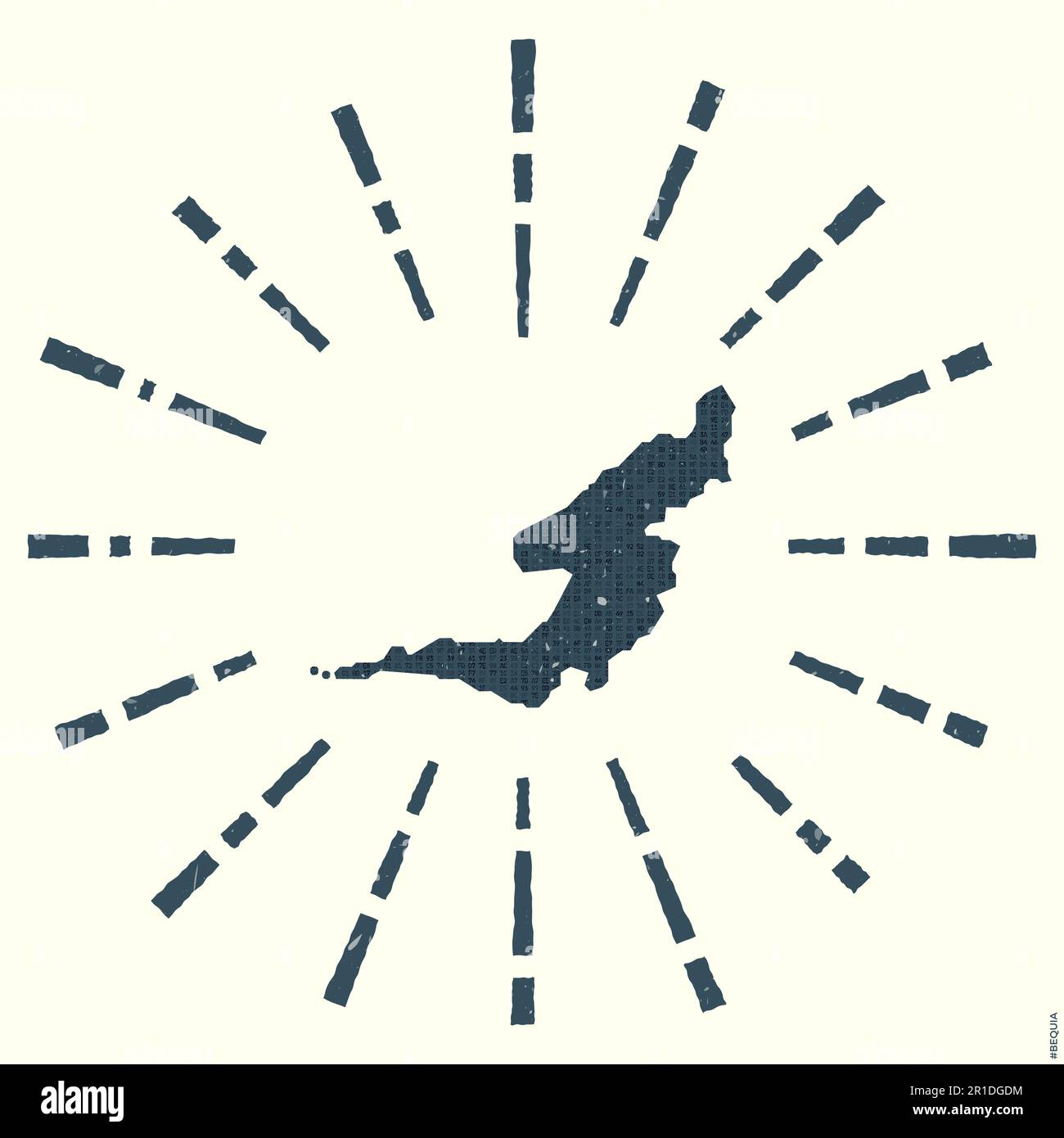 Bequia Logo. Grunge sunburst poster with map of the island. Shape of Bequia filled with hex digits with sunburst rays around. Powerful vector illustra Stock Vector