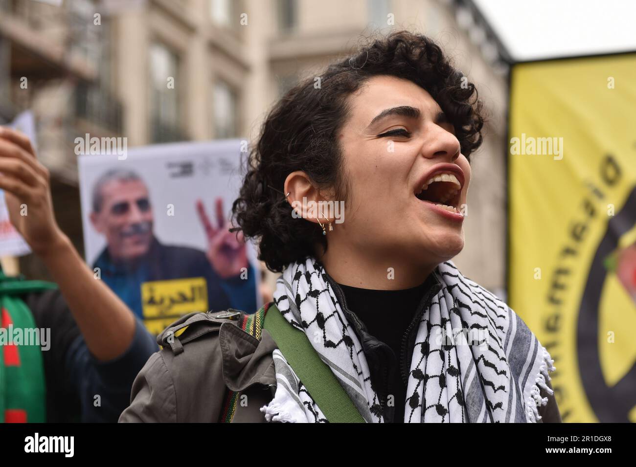 London, England, UK. 13th May, 2023. Demonstrator shouts slogans during the rally in central London. Palestinians commemorate the 75th anniversary of Nakba Day, also known as the Palestinian Catastrophe, which involved the destruction of Palestinian society in 1948, as well as the continuing displacement of many Palestinian people from their homeland. (Credit Image: © Thomas Krych/ZUMA Press Wire) EDITORIAL USAGE ONLY! Not for Commercial USAGE! Stock Photo