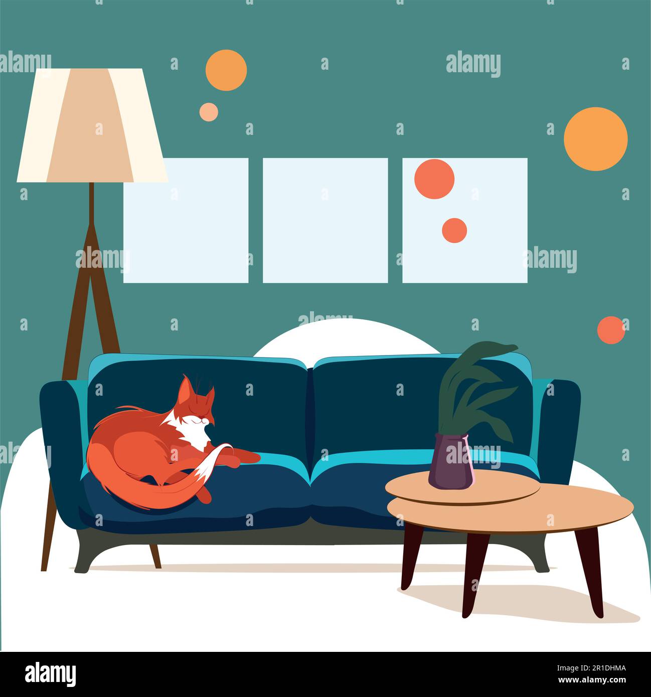 A cartoon drawing of a cat on a couch, living room with sofa. Vector