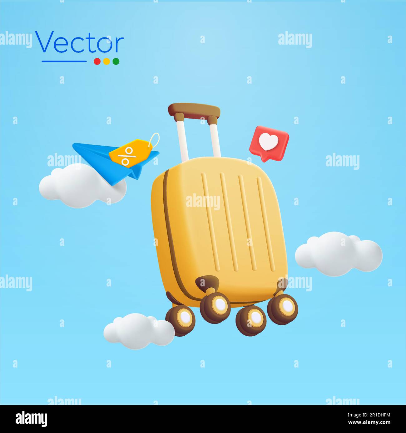 3d suitcase flying on the sky with instagram heart icon, gift voucher