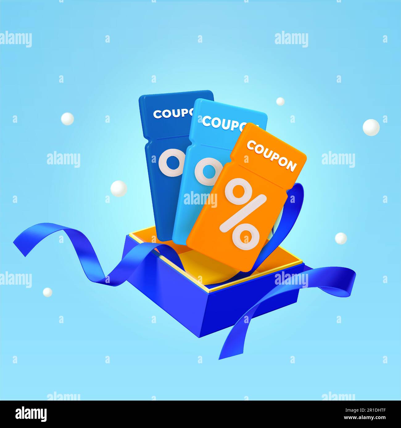 3d Vouchers, Coupons jumping out of a gift box with ribbons, isolated